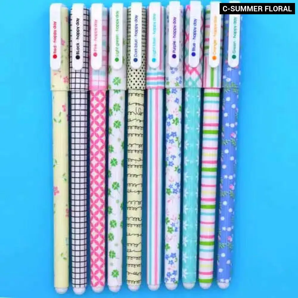 10 Piece Gel Pen Set Floral Animal Starry Designs 0.5mm Tip