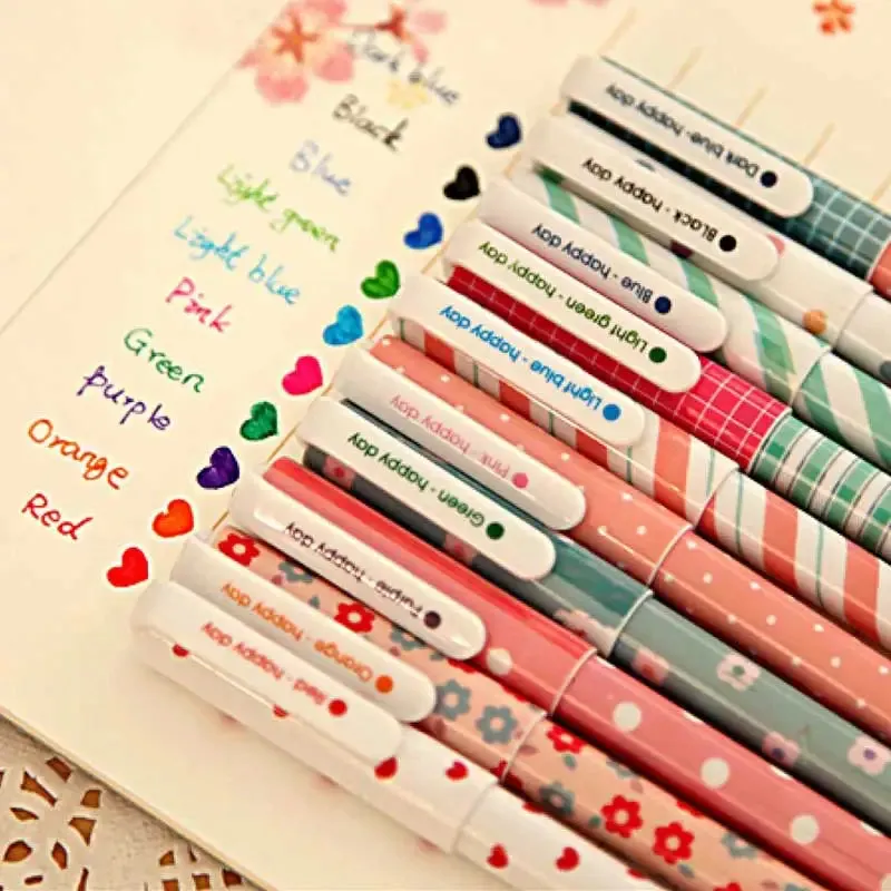 10 Piece Gel Pen Set Floral Animal Starry Designs 0.5mm Tip