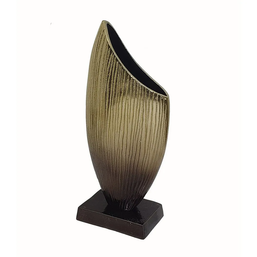 15 Inch Decorative Vase, Aluminum, Vertical Ribbing, Gold and Jet Black By Casagear Home