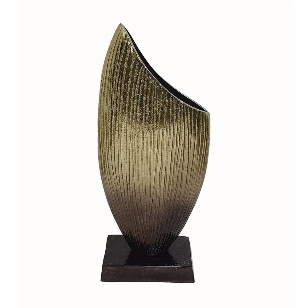15 Inch Decorative Vase, Aluminum, Vertical Ribbing, Gold and Jet Black By Casagear Home