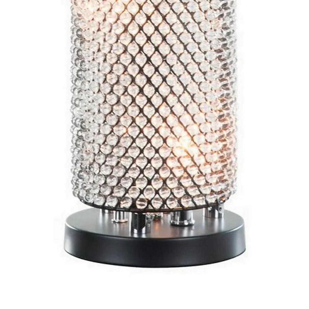 16 Inch Table Lamp, Crystal Cylinder Shade, Metal Mesh, Antique Bronze By Casagear Home
