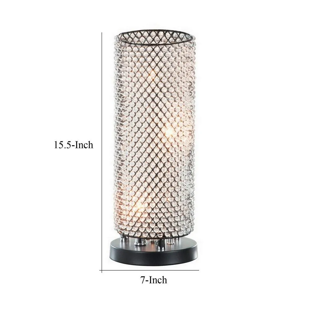 16 Inch Table Lamp, Crystal Cylinder Shade, Metal Mesh, Antique Bronze By Casagear Home
