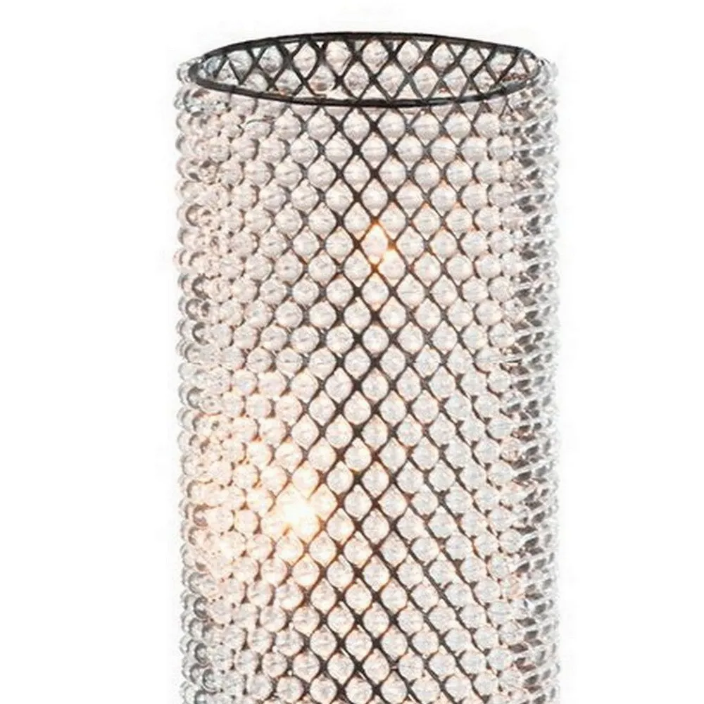 16 Inch Table Lamp, Crystal Cylinder Shade, Metal Mesh, Antique Bronze By Casagear Home