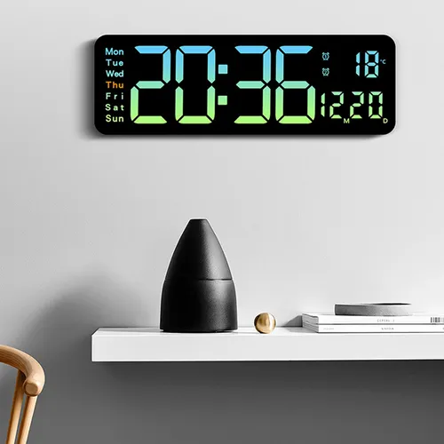 16" Green Gradient Color Large Digital LED Wall Clock | Temperature Calendar Display