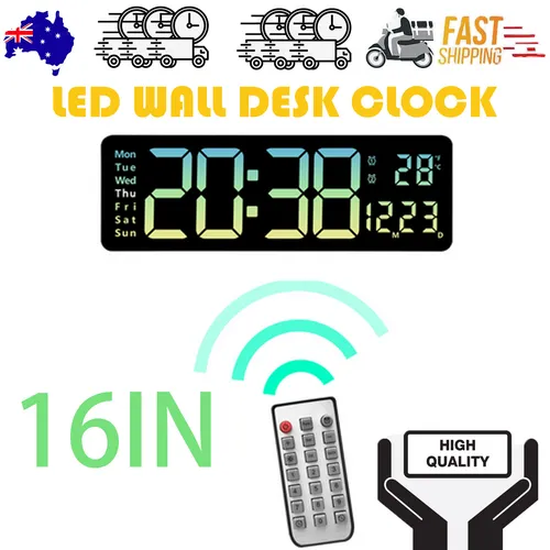 16" Green Gradient Color Large Digital LED Wall Clock | Temperature Calendar Display