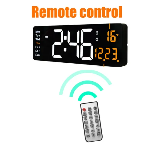 16" Orange Large Digital LED Wall Clock | Temperature Calendar Display