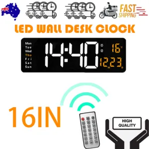 16" Orange Large Digital LED Wall Clock | Temperature Calendar Display