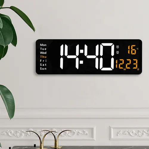 16" Orange Large Digital LED Wall Clock | Temperature Calendar Display