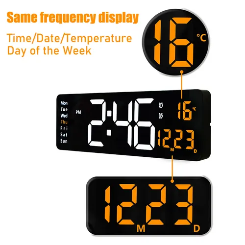 16" Orange Large Digital LED Wall Clock | Temperature Calendar Display