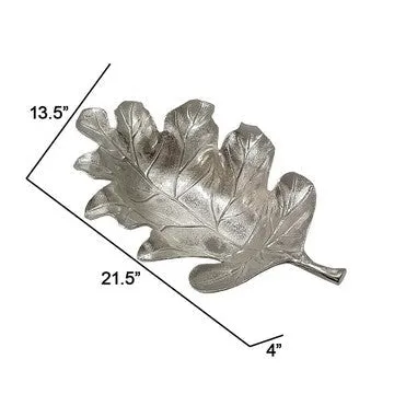 22 Inch Modern Decorative Tray, Oak Leaf Design Striking Silver Metal Frame By Casagear Home