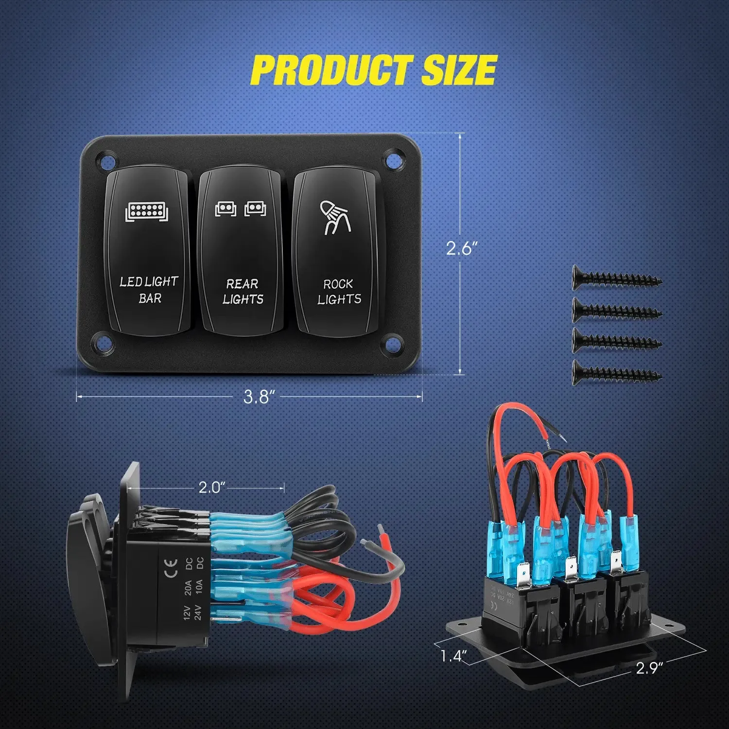 3Gang Led Light Bar/Rear Lights/Rock Lights 5Pin ON/Off Rocker Switch Panel Blue