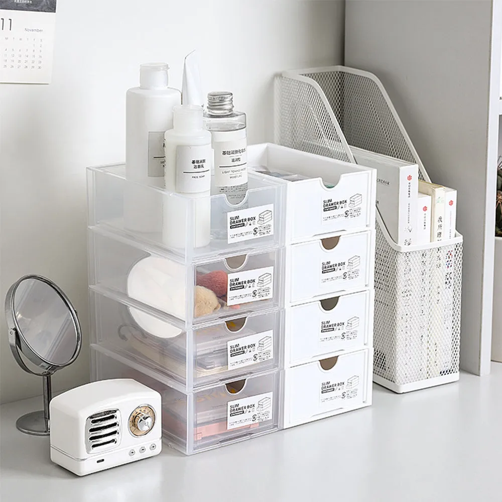 4-Pcs Set Stackable Desktop Storage Box | Drawer Transparent Plastic Stationery & Cosmetic Organizer Box (White)