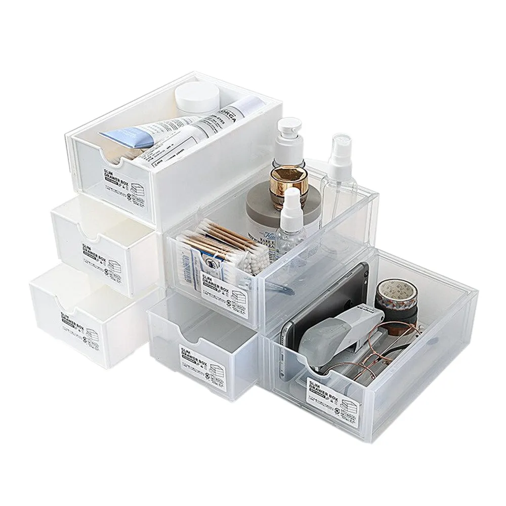 4-Pcs Set Stackable Desktop Storage Box | Drawer Transparent Plastic Stationery & Cosmetic Organizer Box (White)