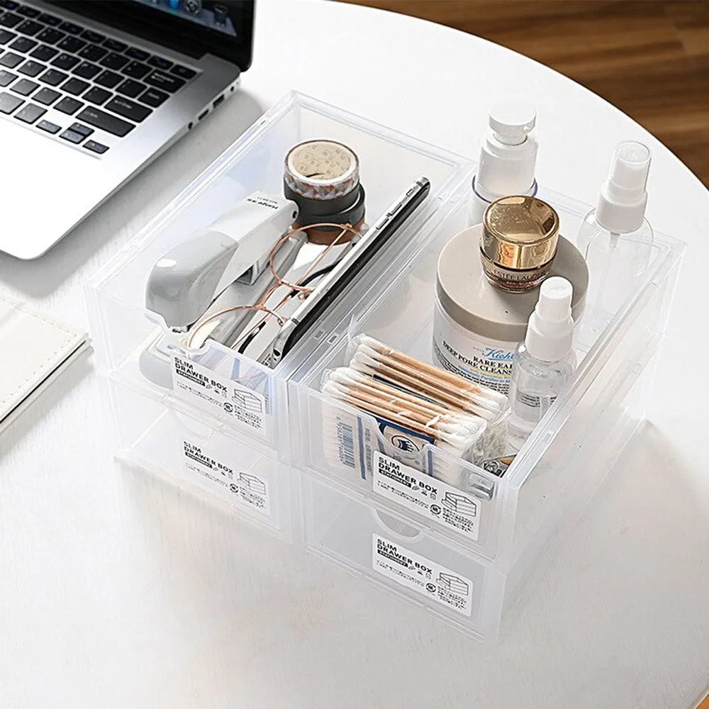 4-Pcs Set Stackable Desktop Storage Box | Drawer Transparent Plastic Stationery & Cosmetic Organizer Box (White)