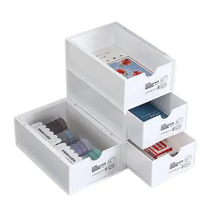 4-Pcs Set Stackable Desktop Storage Box | Drawer Transparent Plastic Stationery & Cosmetic Organizer Box (White)
