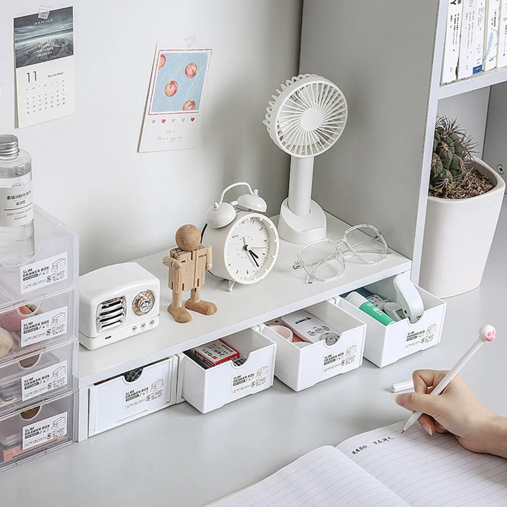 4-Pcs Set Stackable Desktop Storage Box | Drawer Transparent Plastic Stationery & Cosmetic Organizer Box (White)