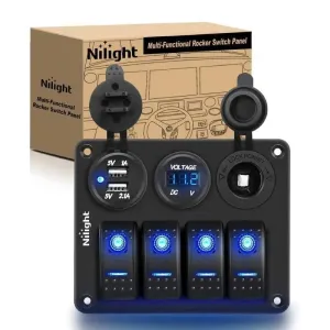 4Gang ON/Off Blue Rocker Switch Panel w/ Dual USB Cigarette Lighter Socket Voltmeter