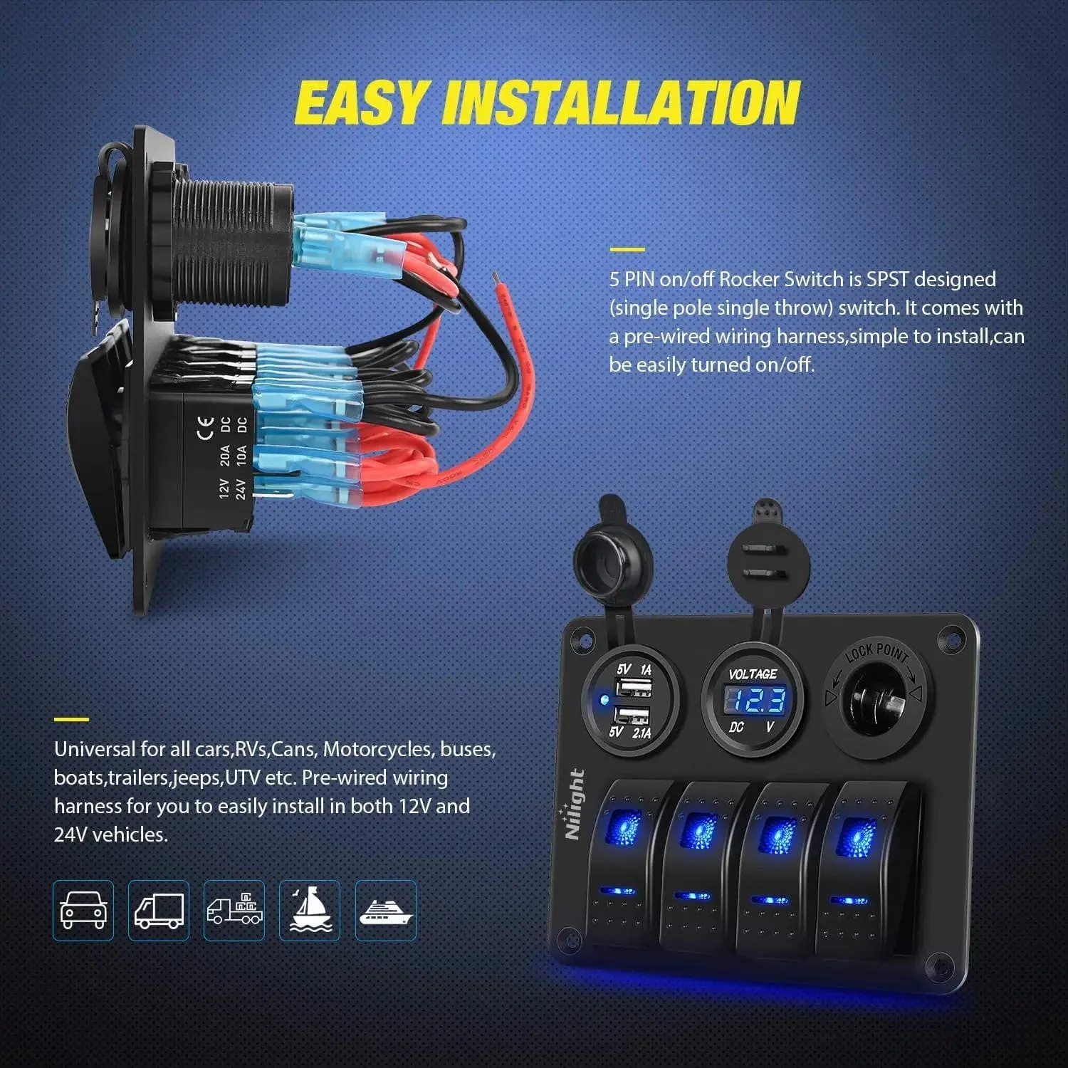 4Gang ON/Off Blue Rocker Switch Panel w/ Dual USB Cigarette Lighter Socket Voltmeter