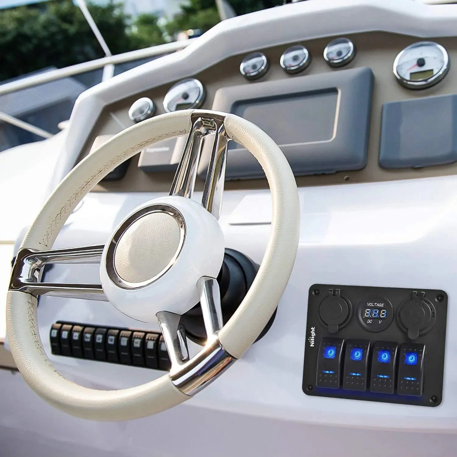 4Gang ON/Off Blue Rocker Switch Panel w/ Dual USB Cigarette Lighter Socket Voltmeter