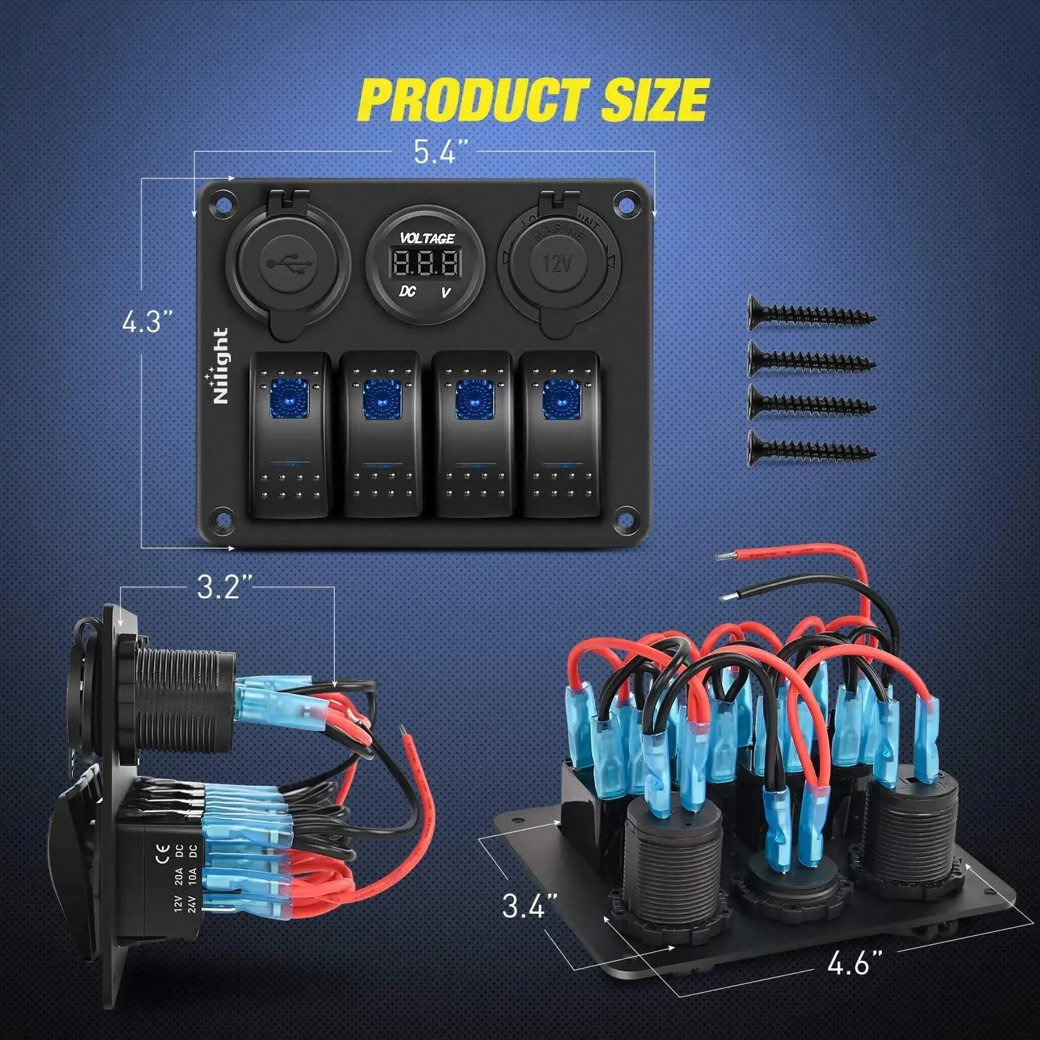 4Gang ON/Off Blue Rocker Switch Panel w/ Dual USB Cigarette Lighter Socket Voltmeter