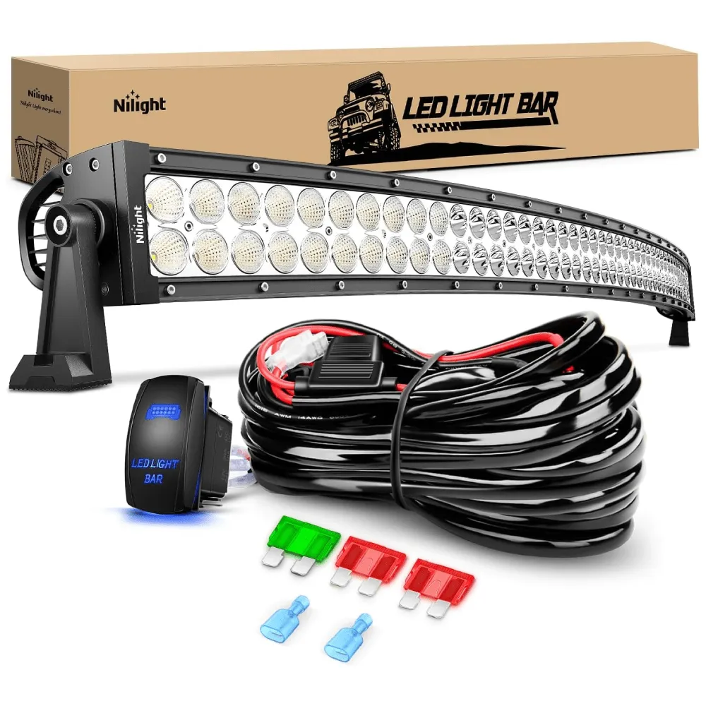 50 Inch 288W Double Row Curved Spot Flood Led Light Bar 12AWG Wiring Harness 5Pin Switch