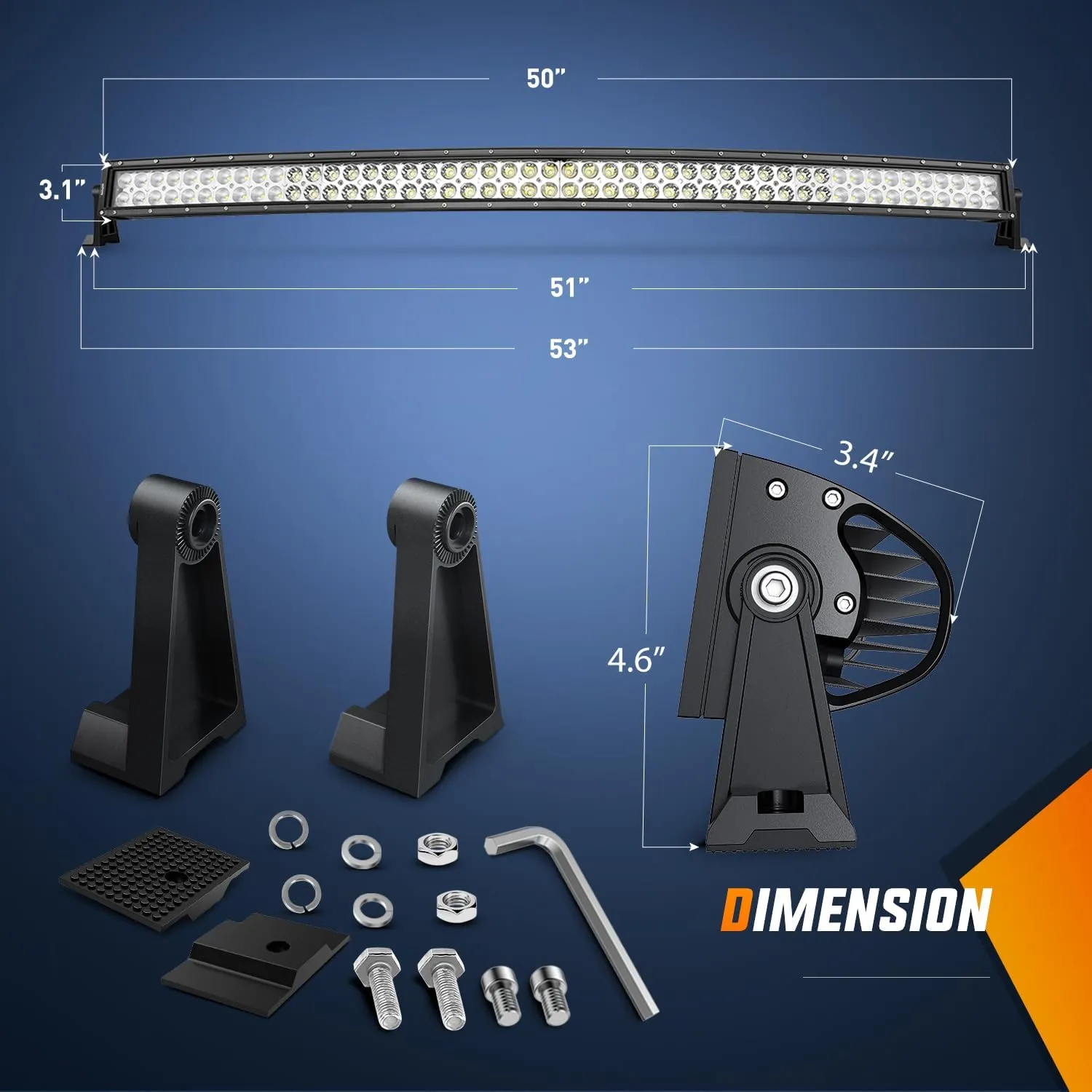 50 Inch 288W Double Row Curved Spot Flood Led Light Bar 12AWG Wiring Harness 5Pin Switch