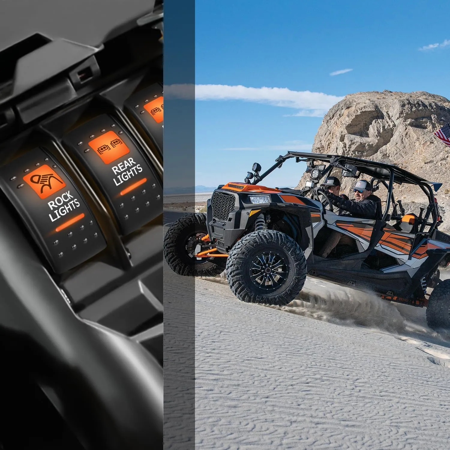 5Pin SPST On/Off UTV Rock Lights Rocker Switch Orange Backlit