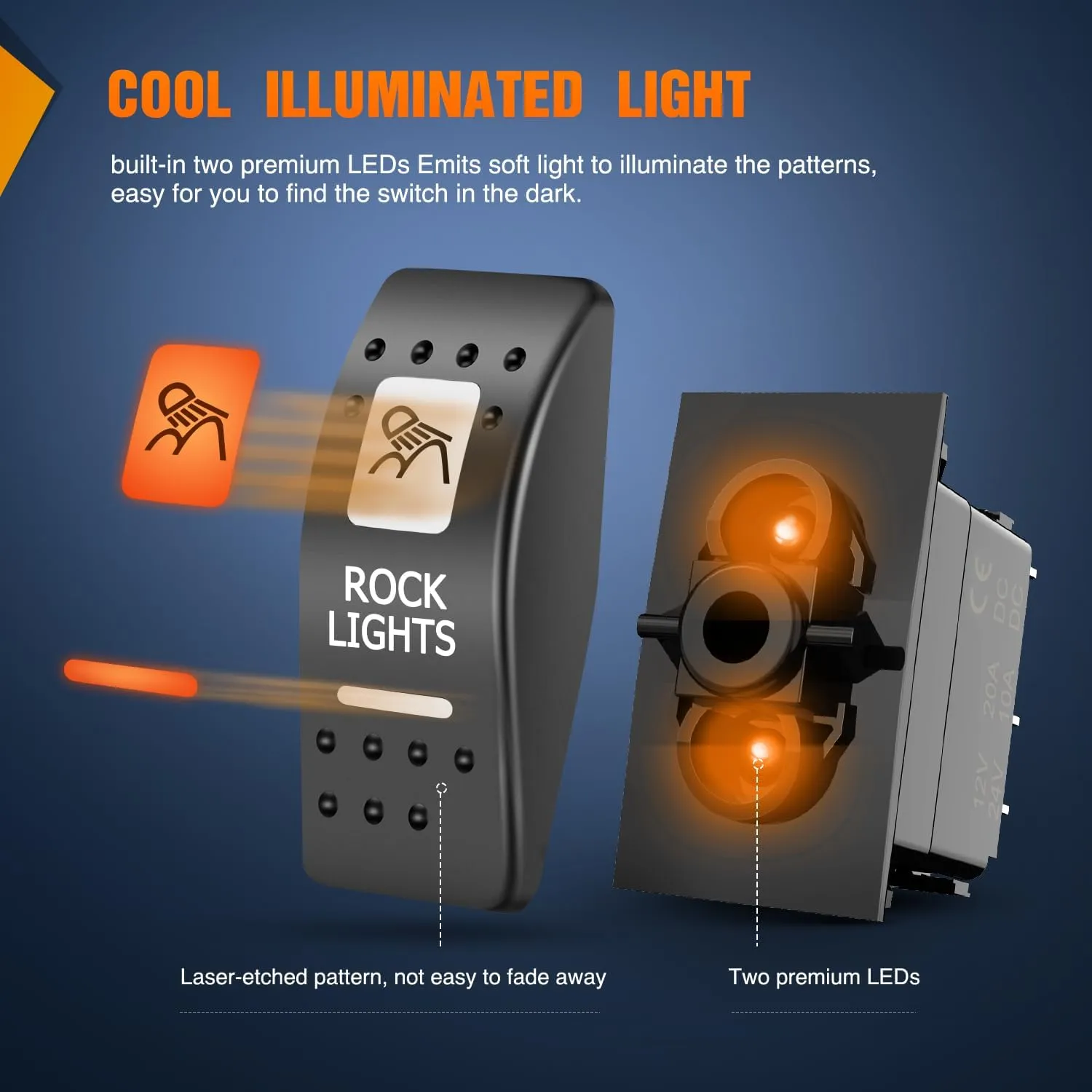 5Pin SPST On/Off UTV Rock Lights Rocker Switch Orange Backlit