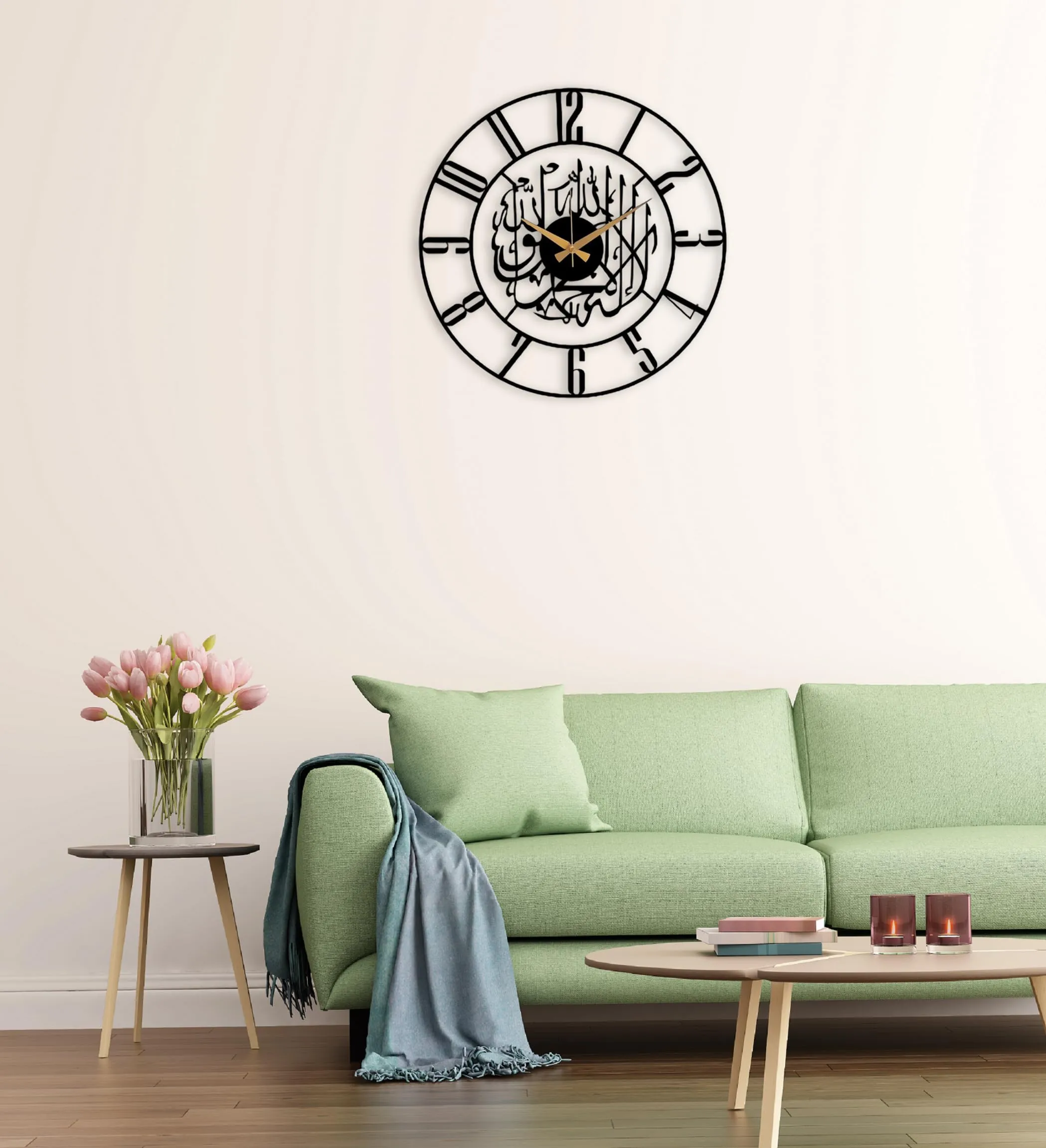 Auromin Kalima Shahada Metal Islamic Wall Clock for Living Room | Modern Islamic Wall Art Decor | Silent Large Arabic Wall Watch for Home Decor, Muslim Gifts. (40 cm)