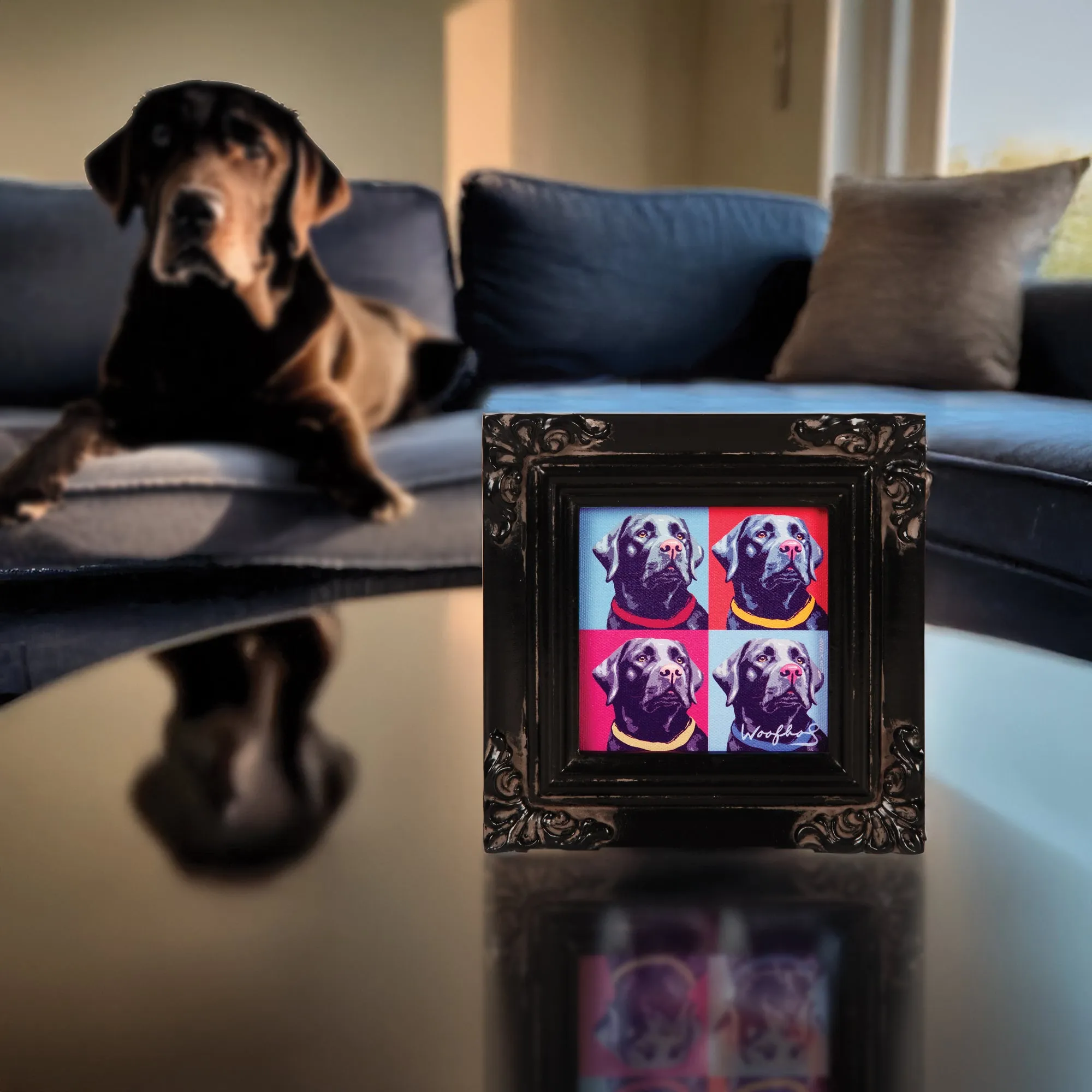 Black Lab Woofhol - 3.5" x 3.5" Framed Canvas