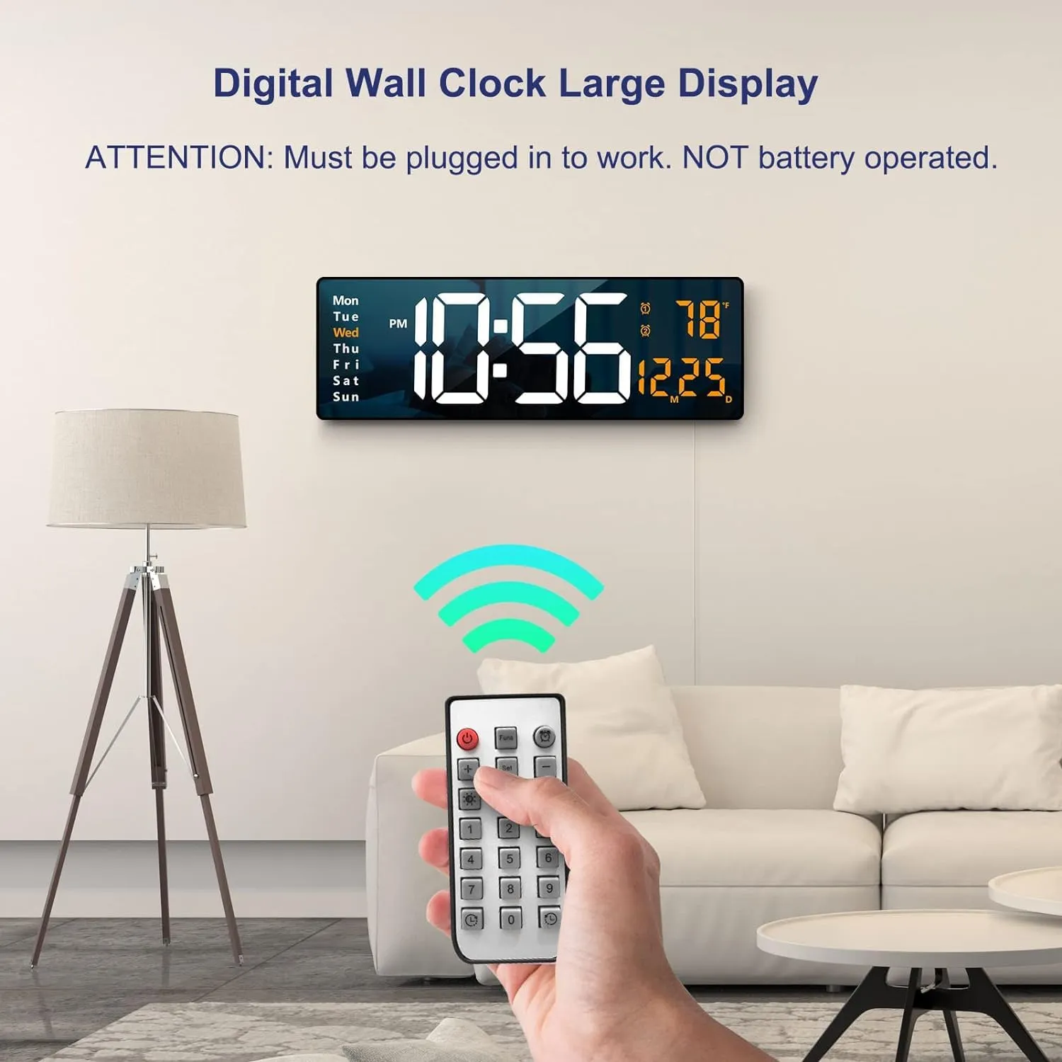 Bleqys Digital Wall Clock Large Display, 16.2 Led Digital Clock With Temperature And Auto Dimming, Easy Track The Time, Date And Day Of Week, With Remote Control (Orange) - Plastic
