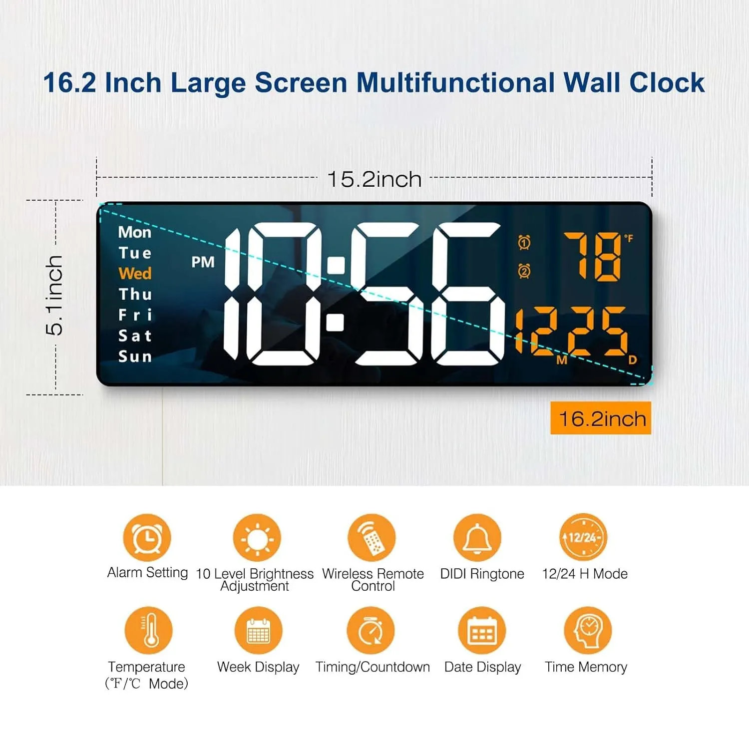 Bleqys Digital Wall Clock Large Display, 16.2 Led Digital Clock With Temperature And Auto Dimming, Easy Track The Time, Date And Day Of Week, With Remote Control (Orange) - Plastic