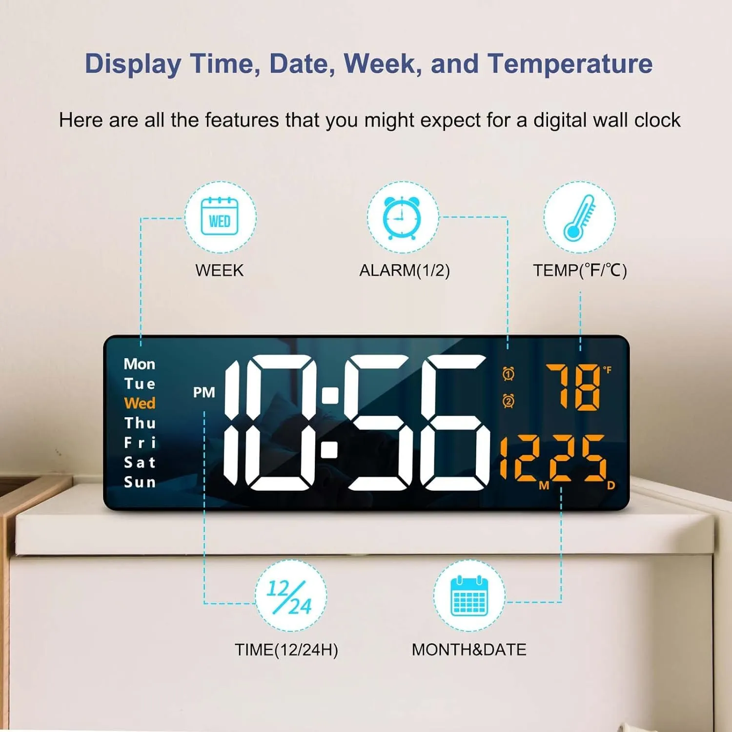 Bleqys Digital Wall Clock Large Display, 16.2 Led Digital Clock With Temperature And Auto Dimming, Easy Track The Time, Date And Day Of Week, With Remote Control (Orange) - Plastic
