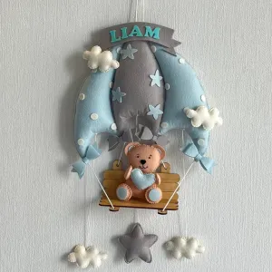 Blue Teddy On a Swing Name Hanging