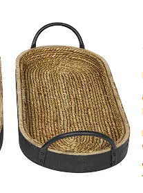 BROWN WOODEN COILED OVAL TRAY WITH BLACK METAL HANDLES,