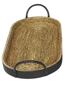 BROWN WOODEN COILED OVAL TRAY WITH BLACK METAL HANDLES,