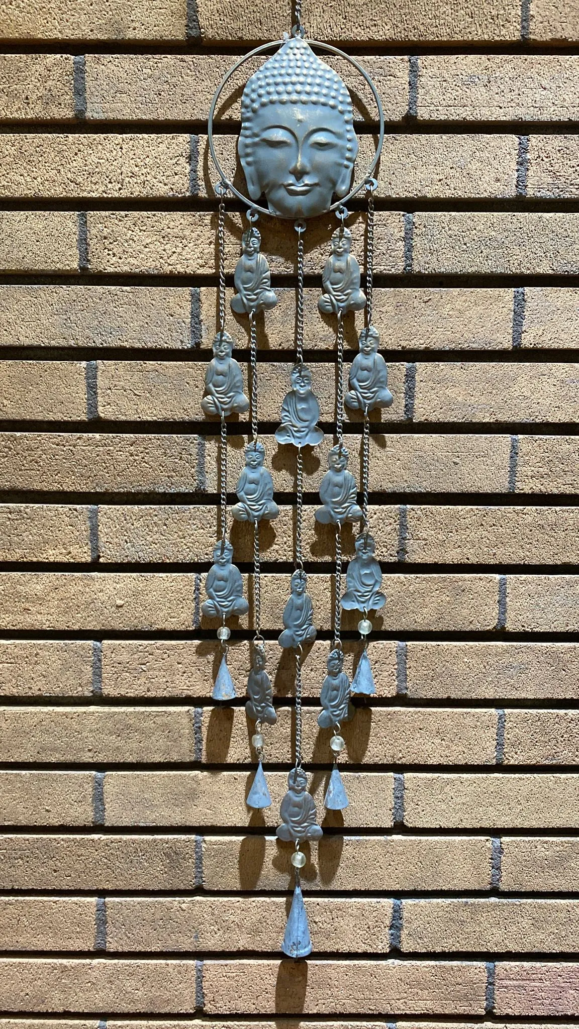 Buddha Bust Gray Patina Recycled Brass & Glass Bead Bell Windchime (XL)