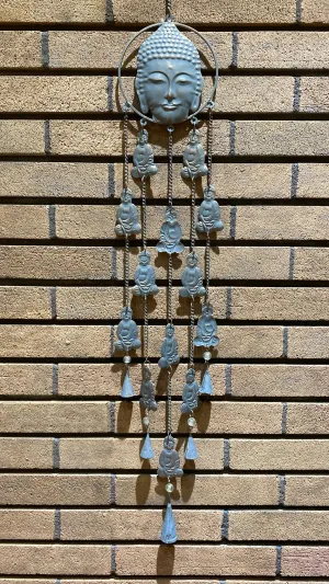 Buddha Bust Gray Patina Recycled Brass & Glass Bead Bell Windchime (XL)