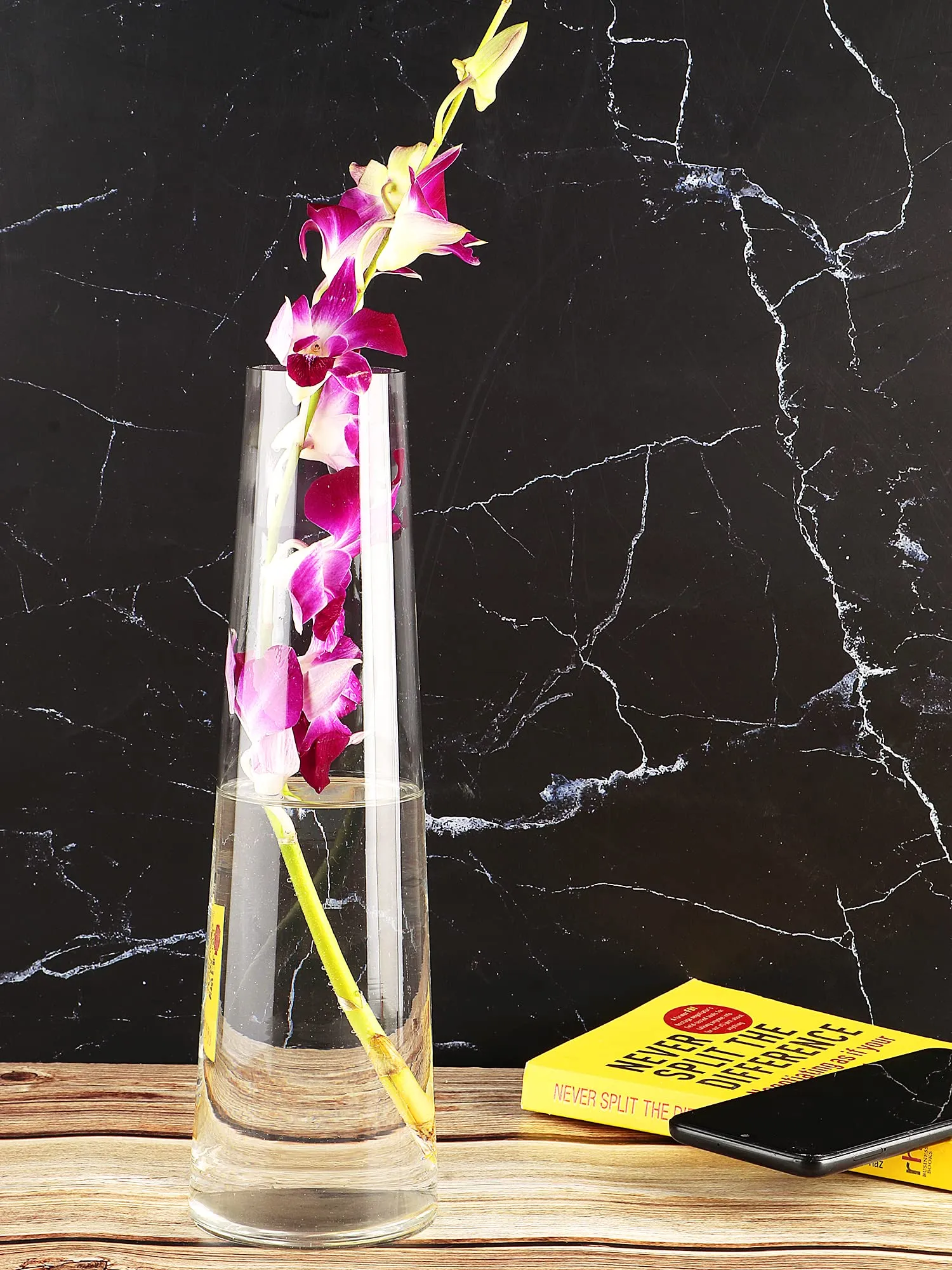 Clovefry Meenar Shape Glass Decorative Glass Vases, Flower Vase Tapered (10 X 30 Cm, Clear)