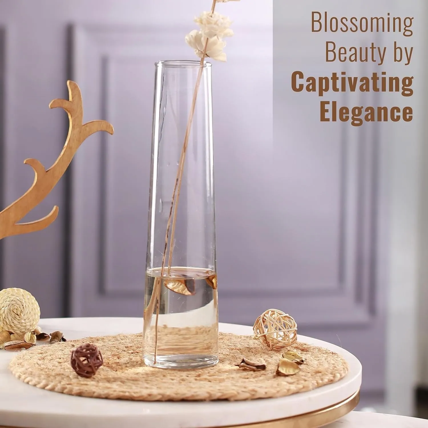 Clovefry Meenar Shape Glass Decorative Glass Vases, Flower Vase Tapered (10 X 30 Cm, Clear)