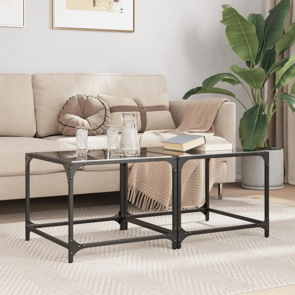 Coffee Tables with Black Glass Top 2 pcs 50x50x40 cm Steel