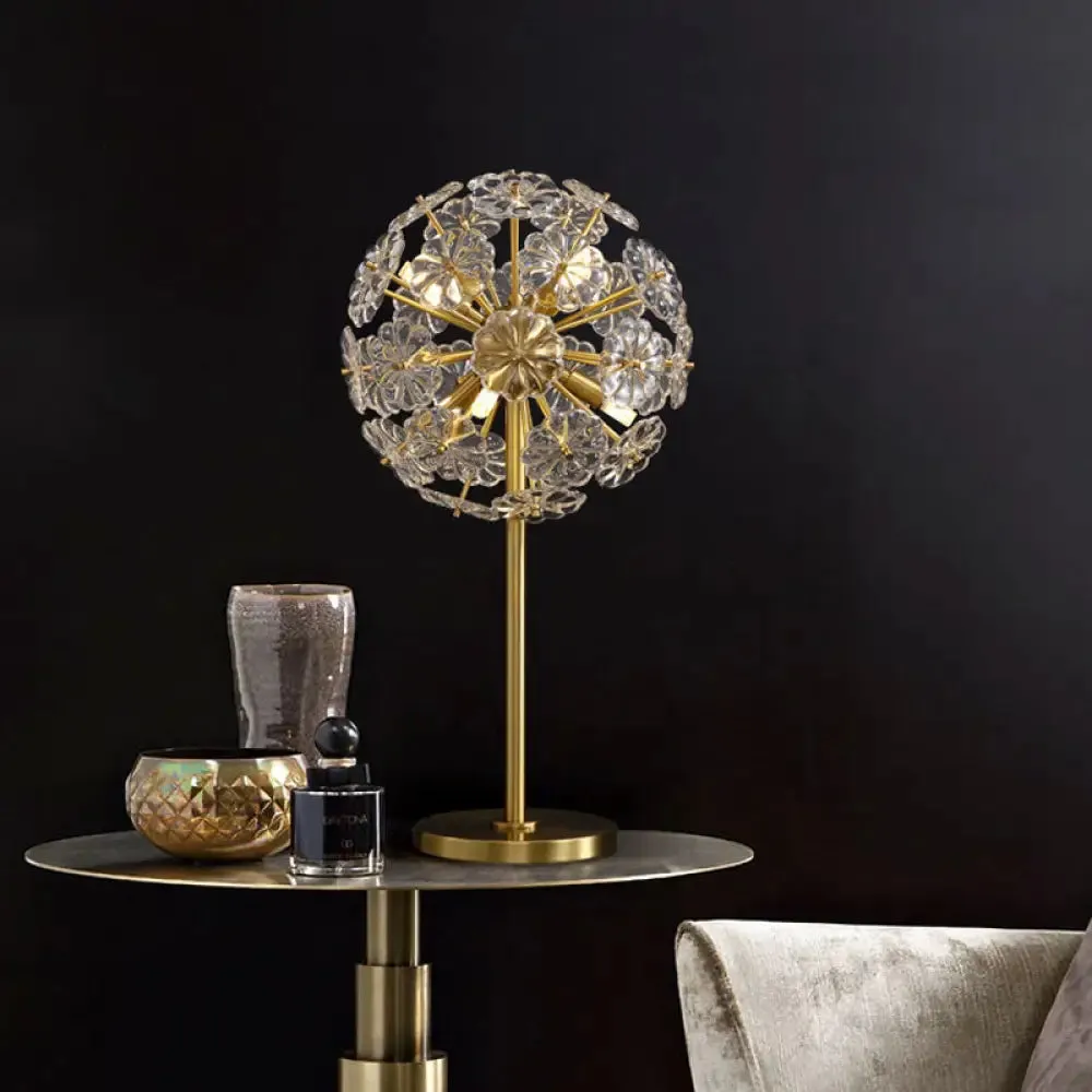 Contemporary Gold Table Lamp with 6 Floral-Shaped Clear Crystal Heads