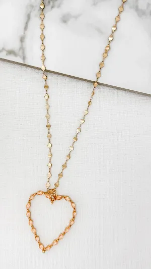 Envy Long Gold Necklace Funky Chain With Pink Gem large Heart
