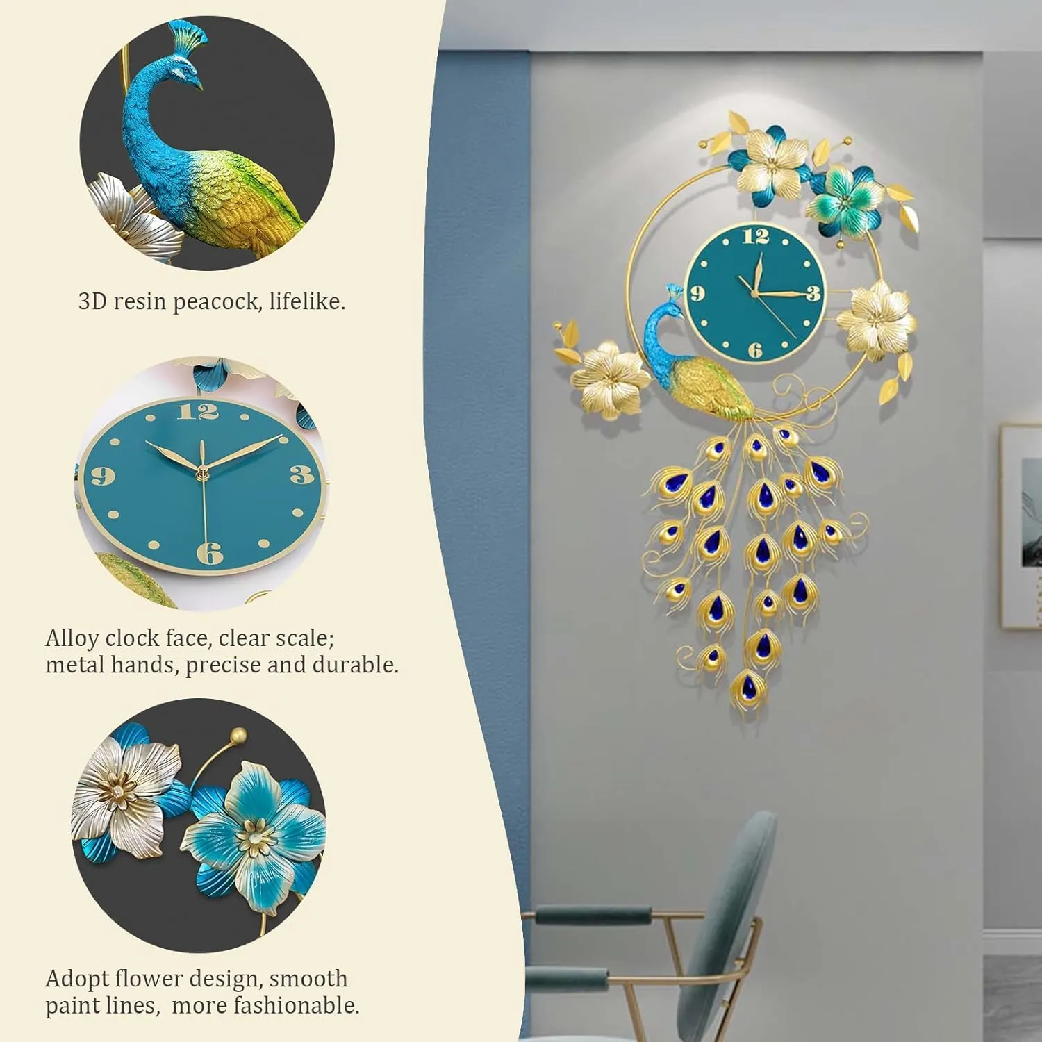Evvix Wall Clock Art Decor Clock Living Room Decoration Wall Clock,Modern Metal Blue Peacock Clock,40x24.4 Inch Silent Non-Ticking -Digital