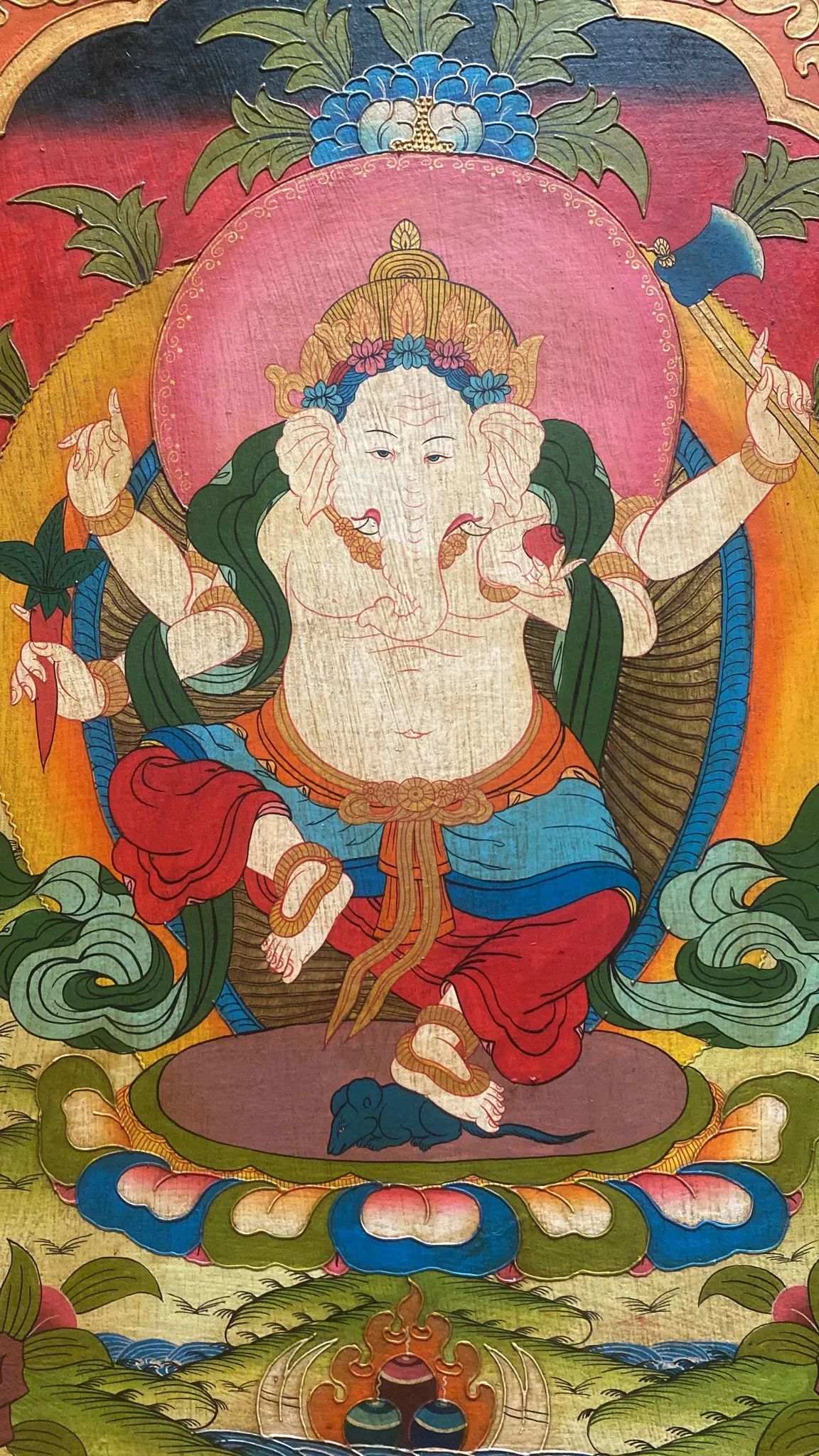 Ganesh Framed Wooden Thangka w/ Relief Painting