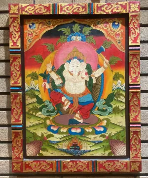 Ganesh Framed Wooden Thangka w/ Relief Painting