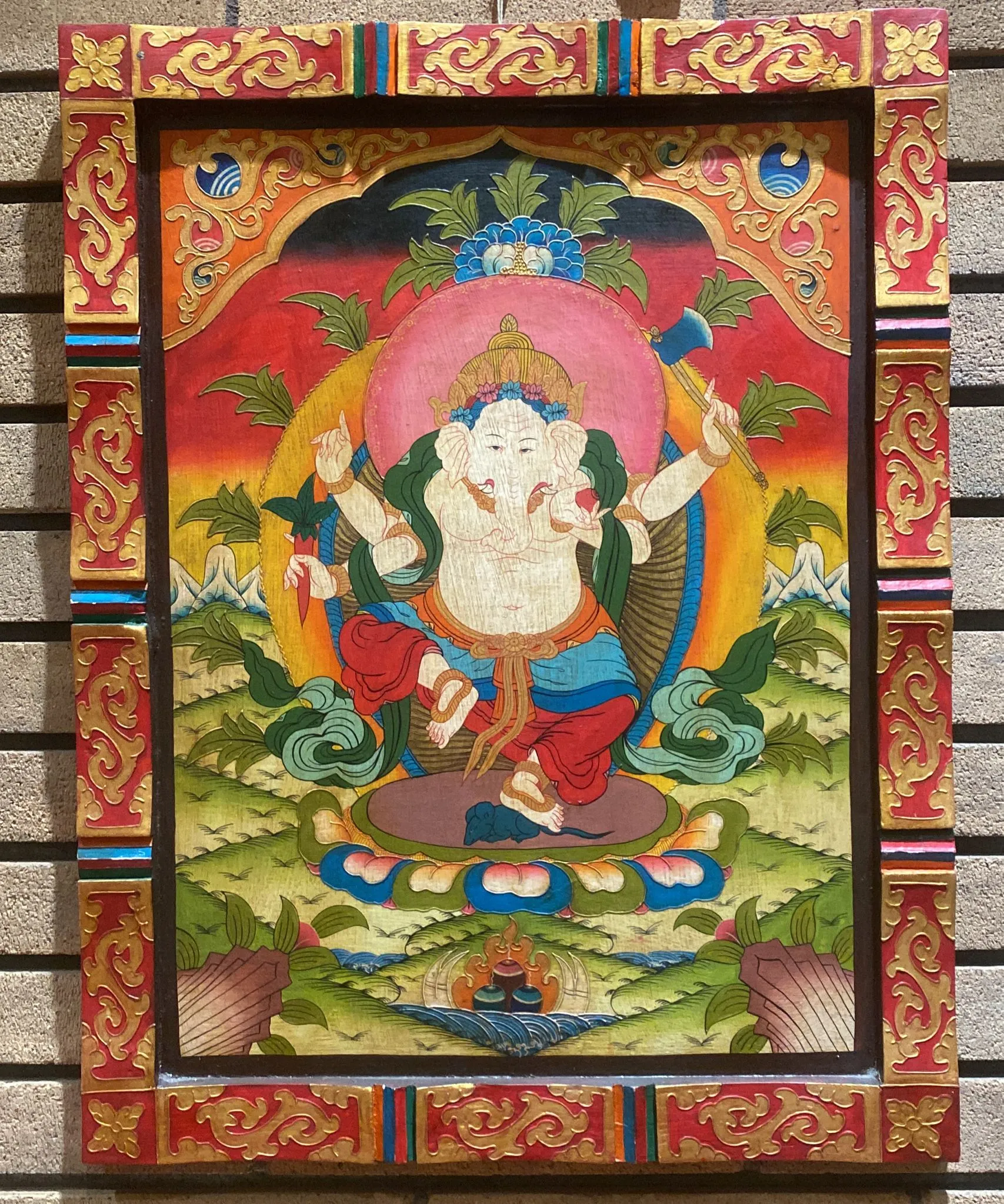 Ganesh Framed Wooden Thangka w/ Relief Painting