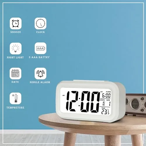GLUN® Backlight LED Digital Alarm Clock with Snooze Function, Date, Time, Calendar, and Temperature, Battery Operated for Bedrooms, Office Table and Desk