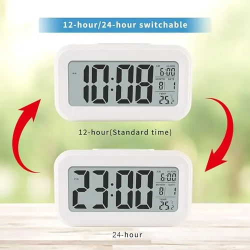 GLUN® Backlight LED Digital Alarm Clock with Snooze Function, Date, Time, Calendar, and Temperature, Battery Operated for Bedrooms, Office Table and Desk