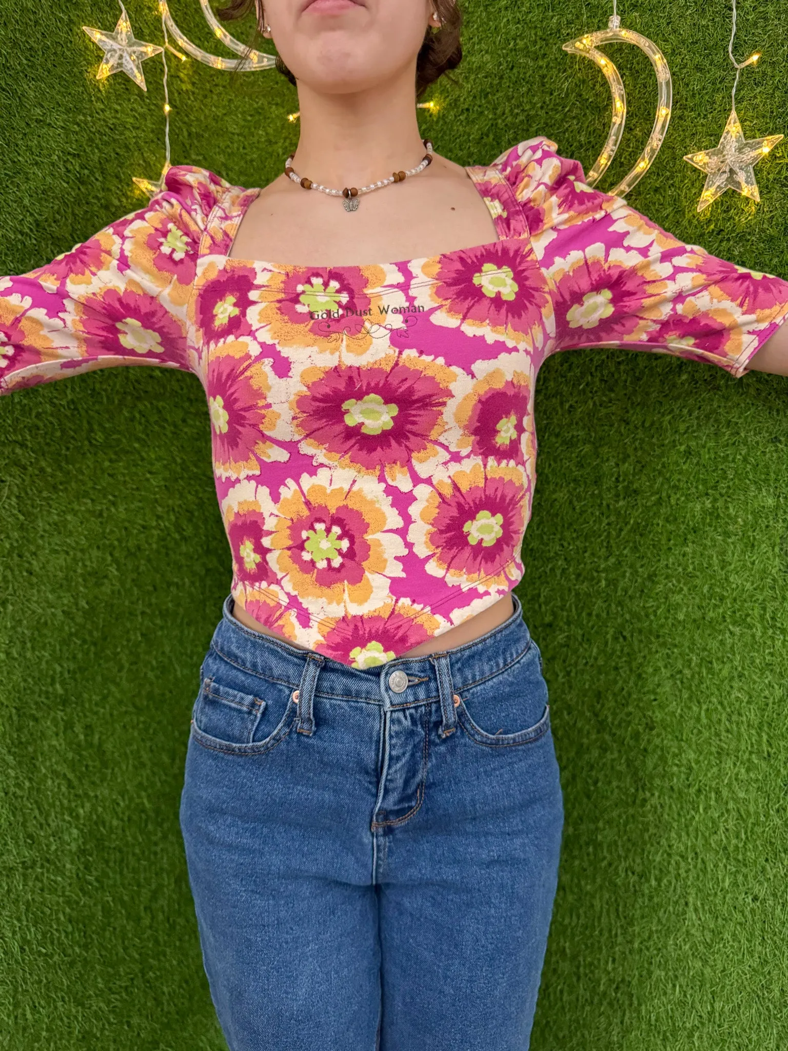 Gold Dust Woman Funky Floral Cropped Tee XS
